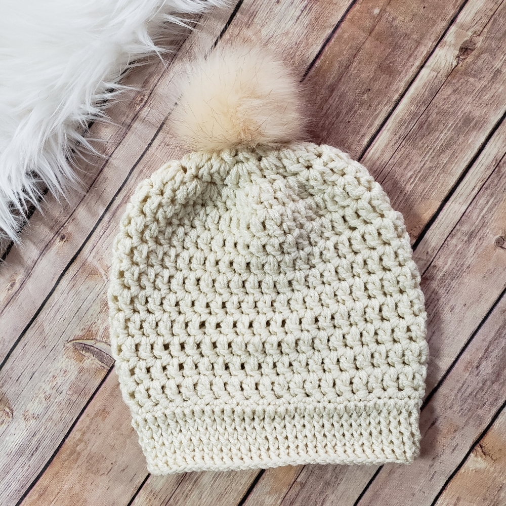 Cream Crochet Beanie with Fur Pom Pom, Cute Hats